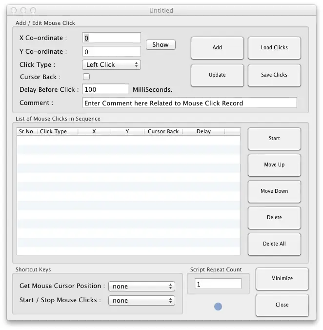 Screenshot of Mac Auto Mouse Click Software Utility to automate Mouse Clicks on Mac OS X