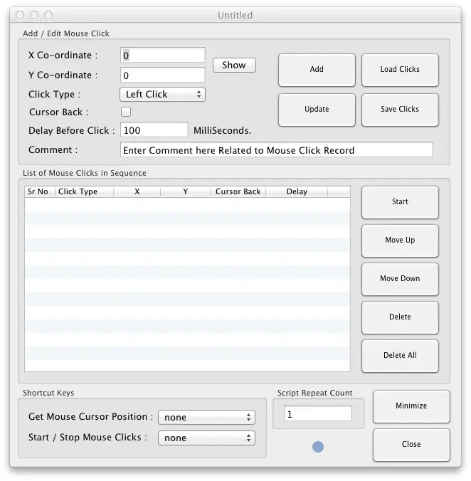 Mac Auto Mouse Click Software Utility Screenshot of Mac Auto Mouse Click Software Utility to automate Mouse Clicks on Mac OS X