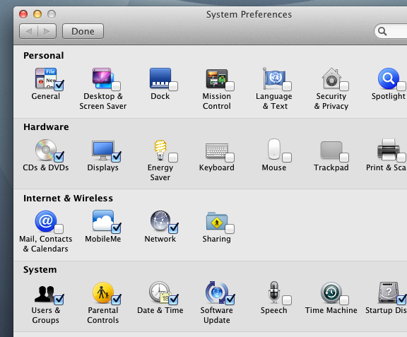 Mac System Preferences displayed with extra Checkbox to hide or unhide selected Configurable Icons