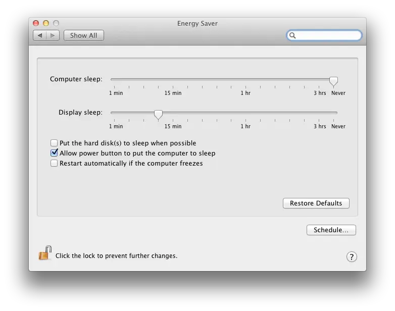 Energy Saver Panel of Mac System Preferences